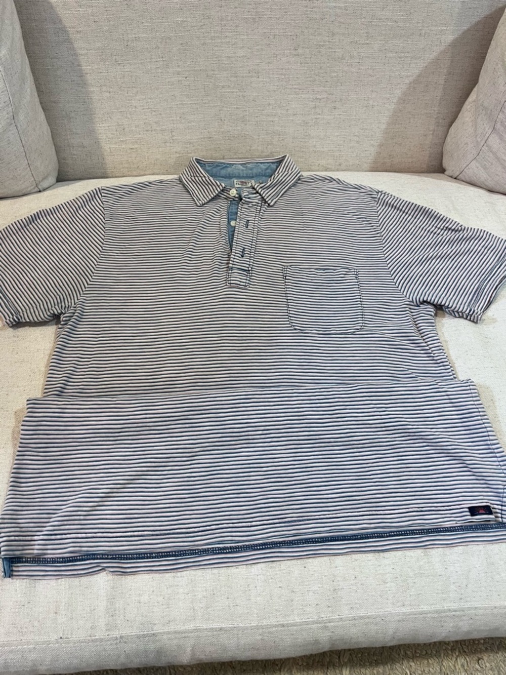 Faherty Light Blue & White Striped Polo with Chest Pocket